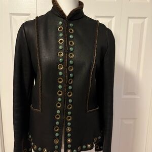 Shanghai Tang brown shearling Leather Jacket with grommet details